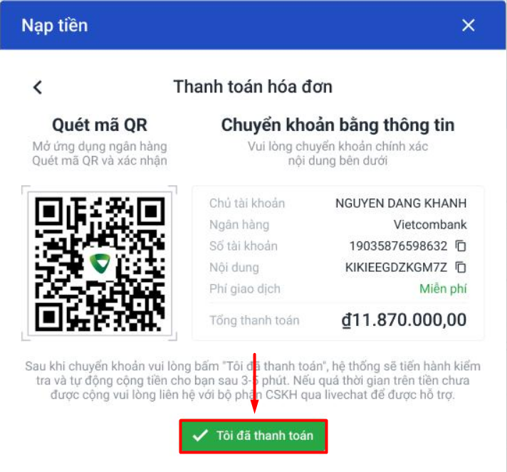 Bấm Tôi đã thanh toán để hoàn tất thao tác nạp tiền vào ví