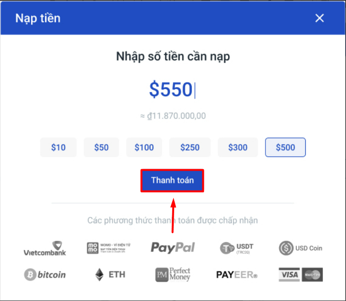 Người dùng bấm nút Thanh toán