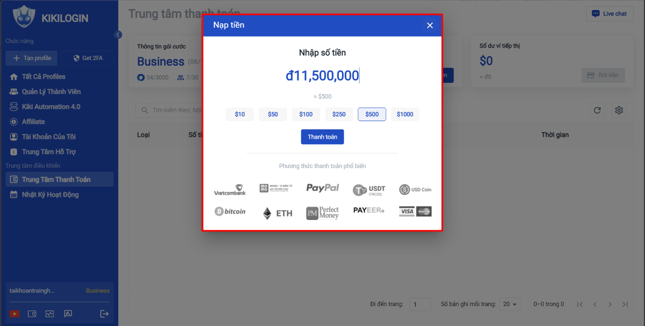 Popup nạp tiền trong KikiLogin